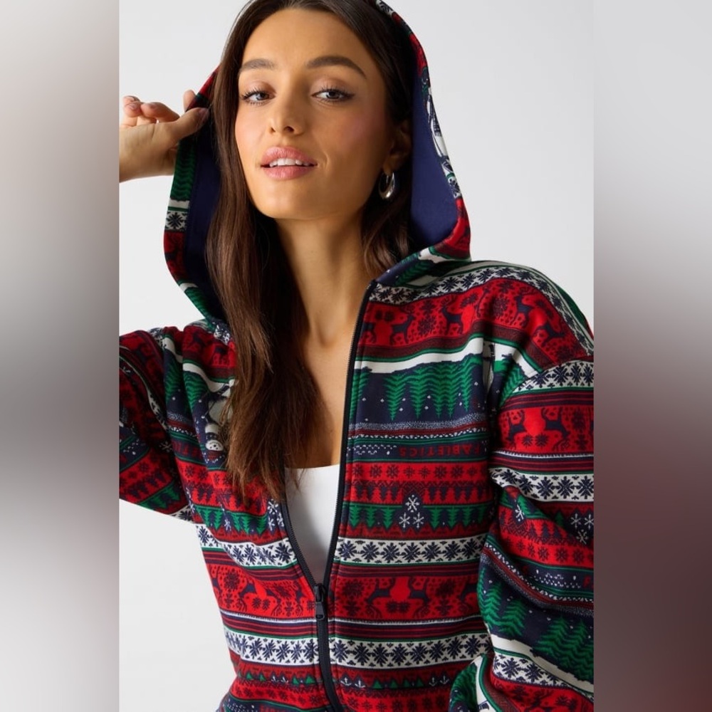 Fabletics Cozy Fleece Hooded Onesie Frosty Day Fairisle XS - Picture 3 of 5